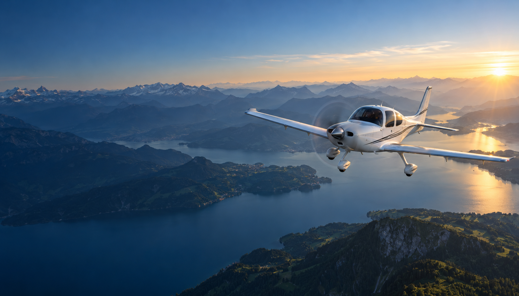 Einmotoriges Schulungsflugzeug über einem Alpensee bei Sonnenaufgang