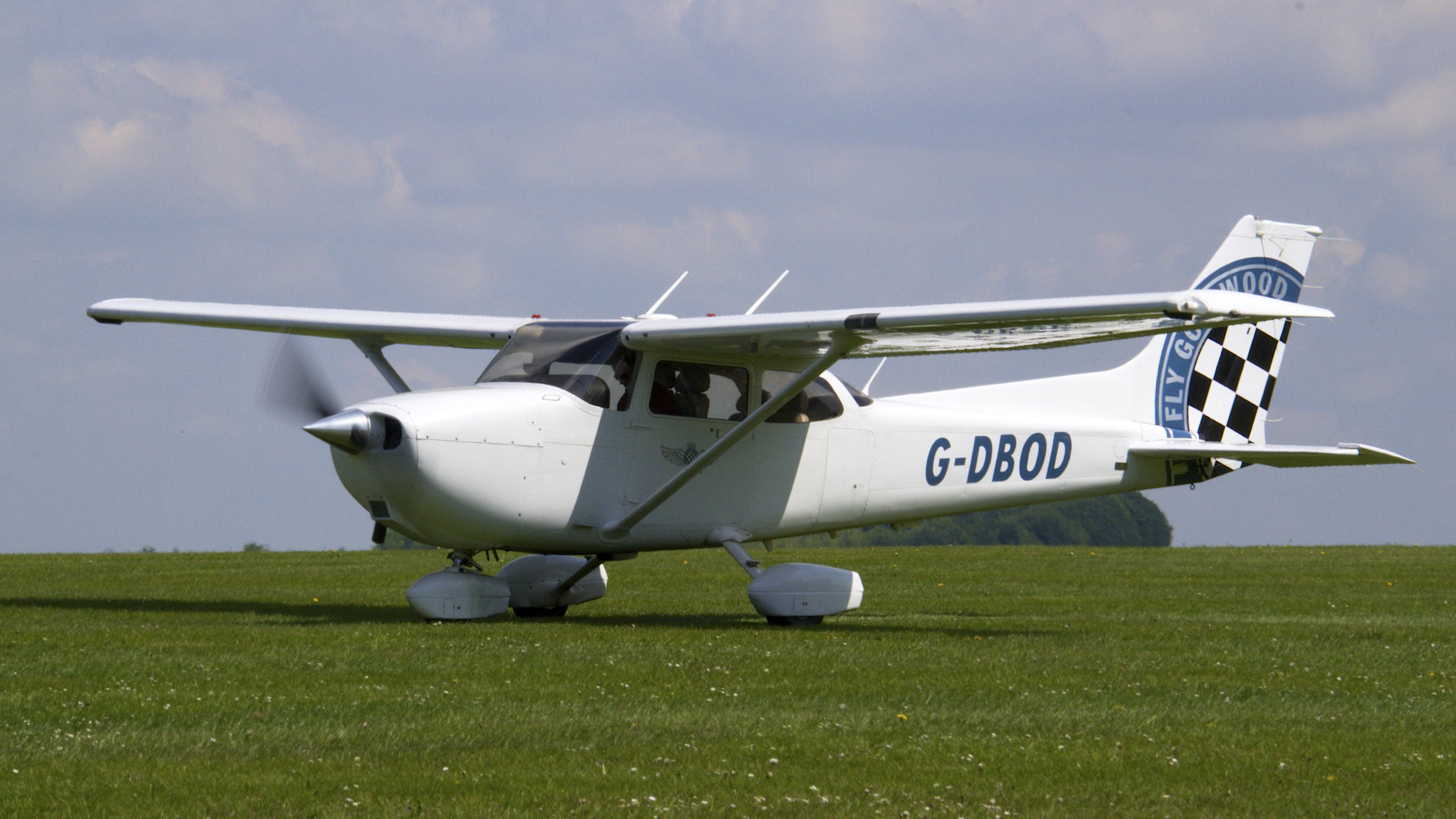 Symbolbild: Weiße Cessna 172S auf einem grünen Flugplatz